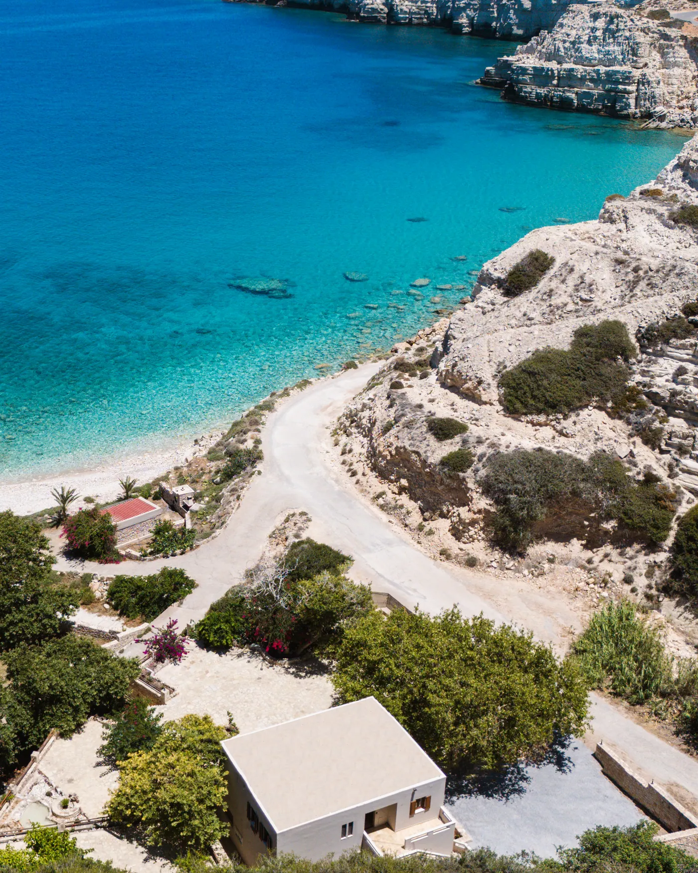 Aerial view of Platani Seaside Villa beside the Aegean Sea